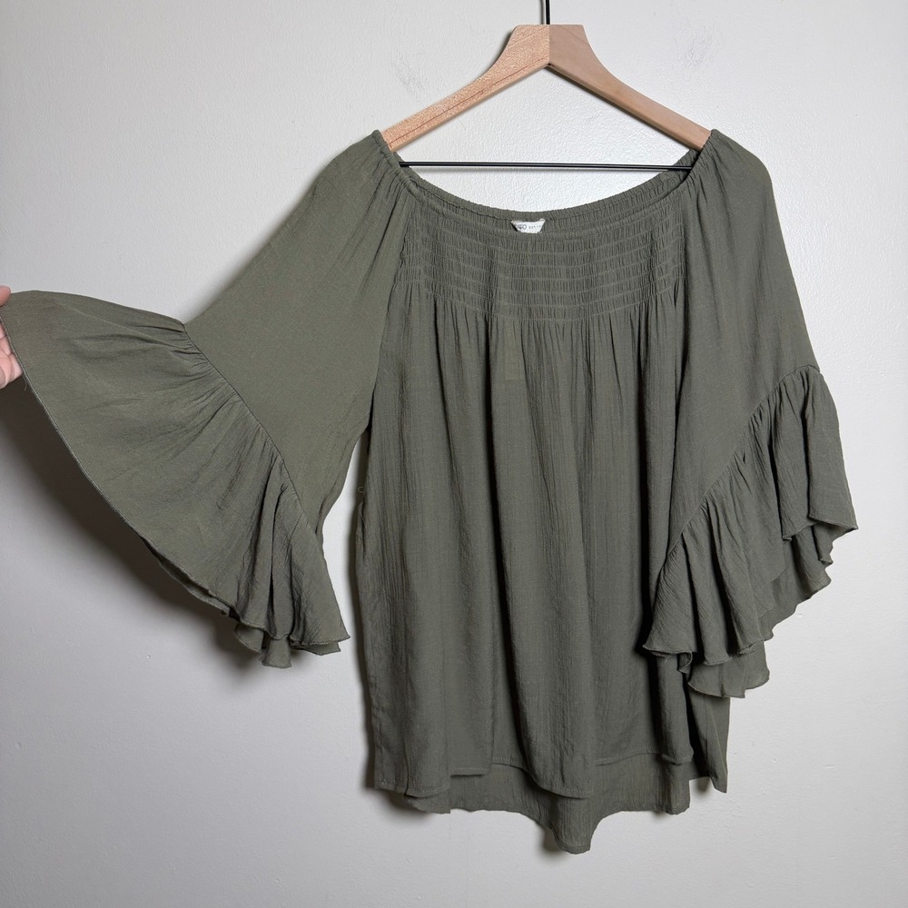Cato NEW Womens Top Large Olive Green Smocked Off Shoulder Ruffle Bell Boho